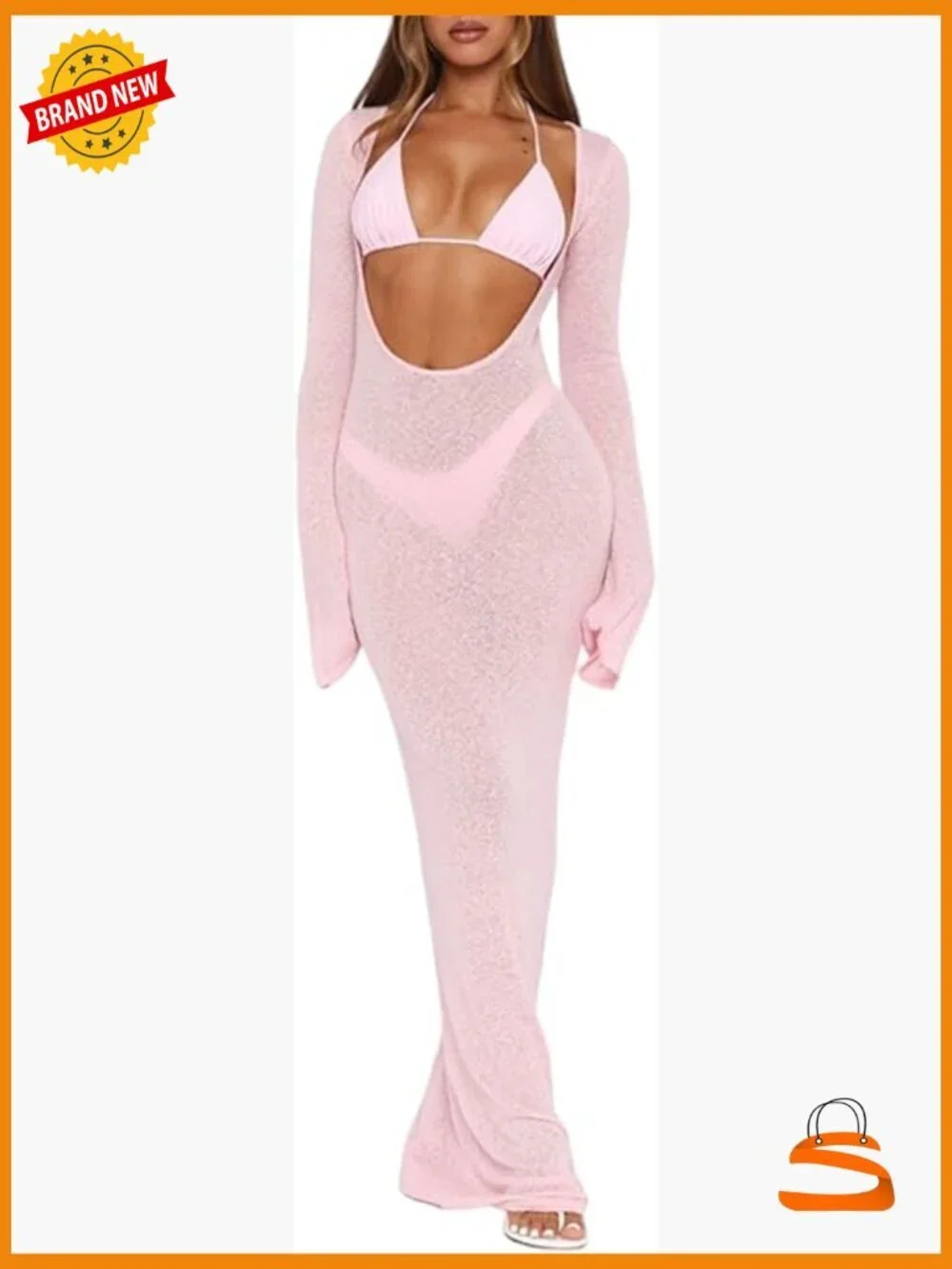 Long Sleeve Sheer Mesh Maxi Dress Cover Up with Triangle Bikini Set XS